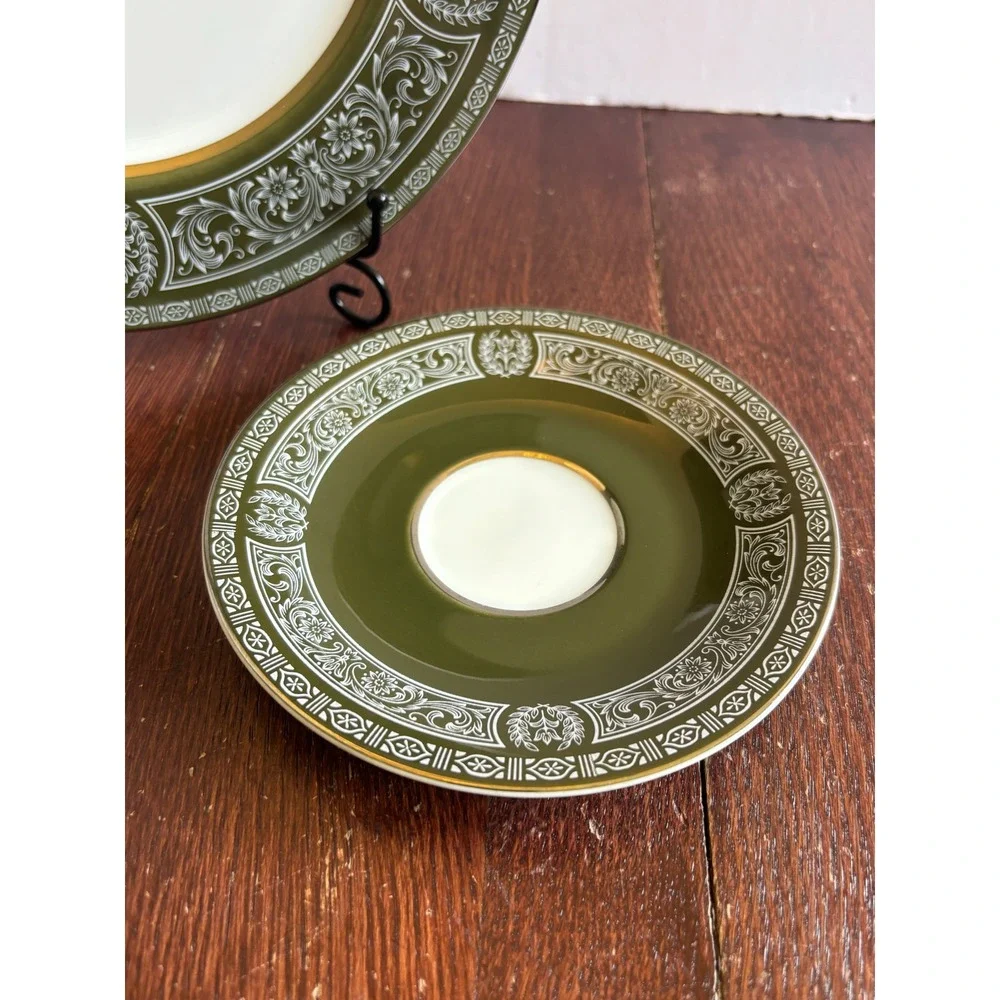 Sango Forest Damask 3544 Fine China Dinner Plate and Saucer Set Olive Green Gold